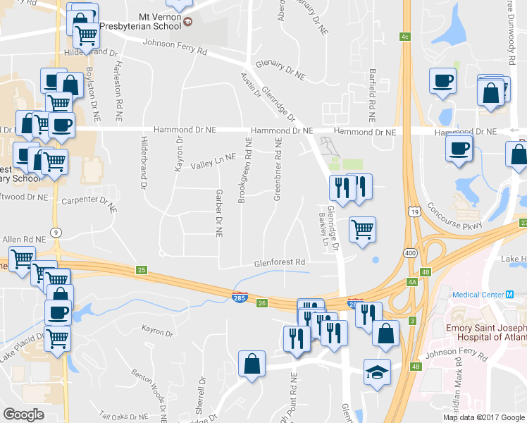 map of restaurants, bars, coffee shops, grocery stores, and more near 5870 Greenbrier Road Northeast in Atlanta