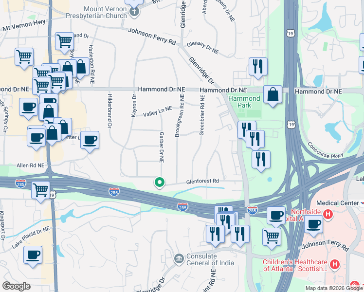 map of restaurants, bars, coffee shops, grocery stores, and more near 5865 Brookgreen Road Northeast in Sandy Springs
