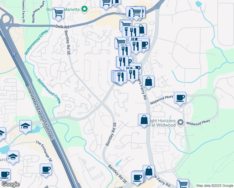 map of restaurants, bars, coffee shops, grocery stores, and more near 907 Wynnes Ridge Circle in Marietta