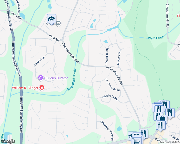 map of restaurants, bars, coffee shops, grocery stores, and more near 2105 Cornerstone Lane South West in Marietta