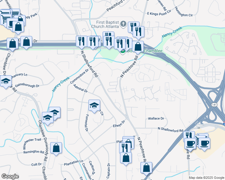 map of restaurants, bars, coffee shops, grocery stores, and more near 10 Gentrys Walk in Atlanta