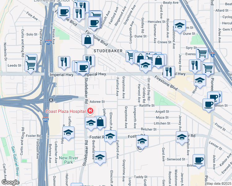 map of restaurants, bars, coffee shops, grocery stores, and more near 12735 Fairford Avenue in Norwalk