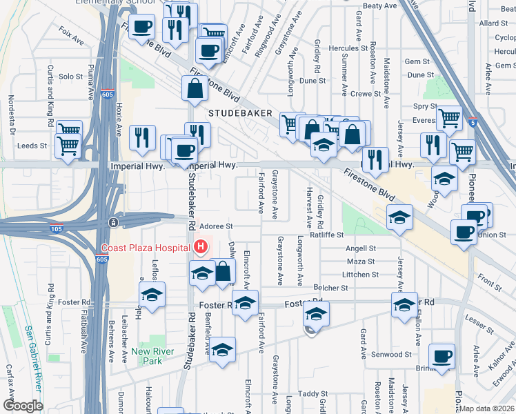 map of restaurants, bars, coffee shops, grocery stores, and more near 12735 Fairford Avenue in Norwalk