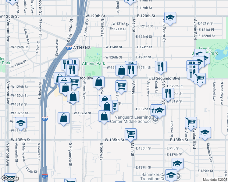 map of restaurants, bars, coffee shops, grocery stores, and more near 12915 South Spring Street in Los Angeles