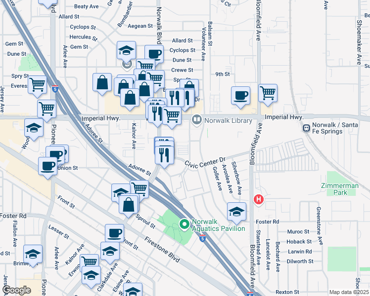 map of restaurants, bars, coffee shops, grocery stores, and more near Avenida Manuel Salinas in Norwalk