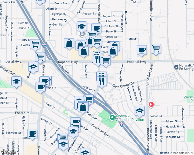 map of restaurants, bars, coffee shops, grocery stores, and more near 12727 Norwalk Boulevard in Norwalk