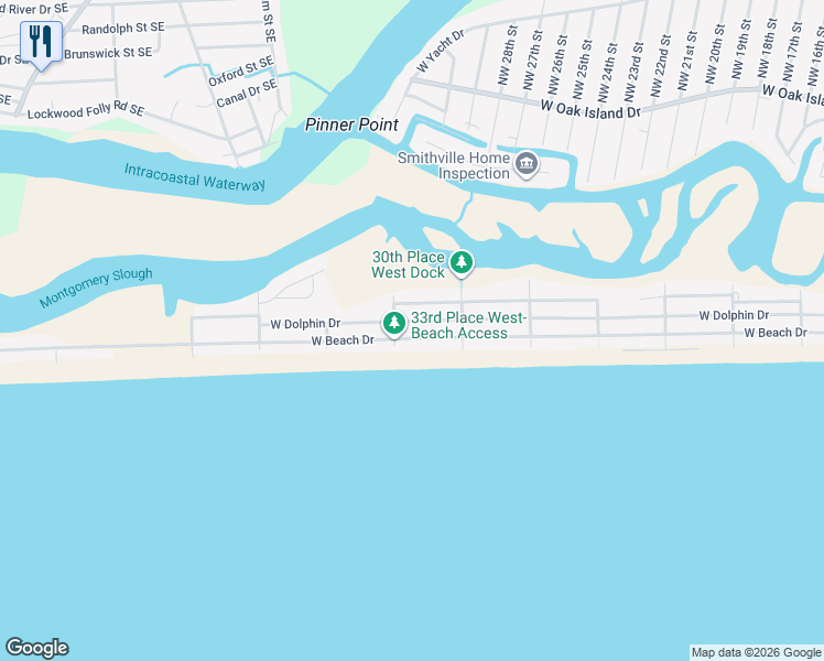 map of restaurants, bars, coffee shops, grocery stores, and more near 3022 West Beach Drive in Oak Island