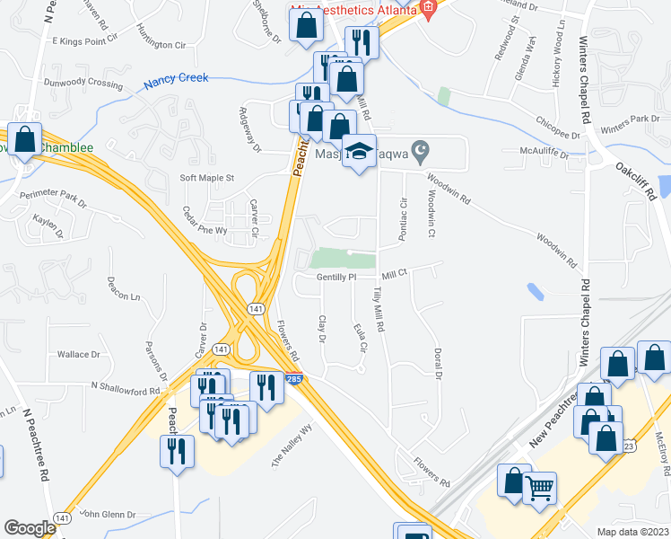 map of restaurants, bars, coffee shops, grocery stores, and more near 2580 Gentilly Pl in Doraville