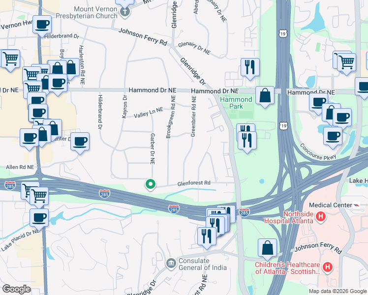 map of restaurants, bars, coffee shops, grocery stores, and more near 5870 Greenbrier Road Northeast in Atlanta