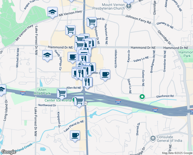 map of restaurants, bars, coffee shops, grocery stores, and more near 309 Penny Court in Sandy Springs
