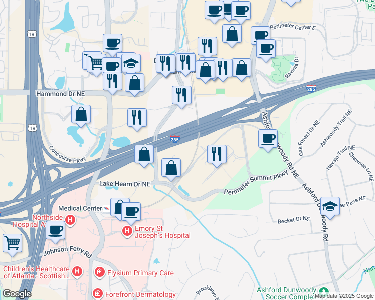 map of restaurants, bars, coffee shops, grocery stores, and more near State Highway 407 in Atlanta