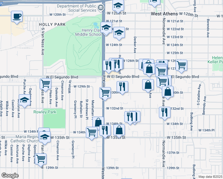 map of restaurants, bars, coffee shops, grocery stores, and more near 1735 West 130th Street in Gardena