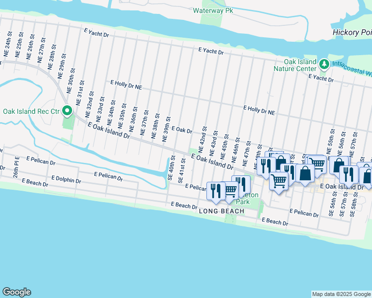 map of restaurants, bars, coffee shops, grocery stores, and more near 4010 East Oak Island Drive in Oak Island