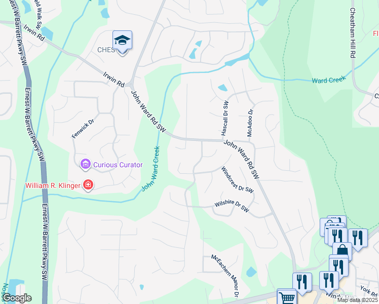map of restaurants, bars, coffee shops, grocery stores, and more near 2105 Cornerstone Lane South West in Marietta