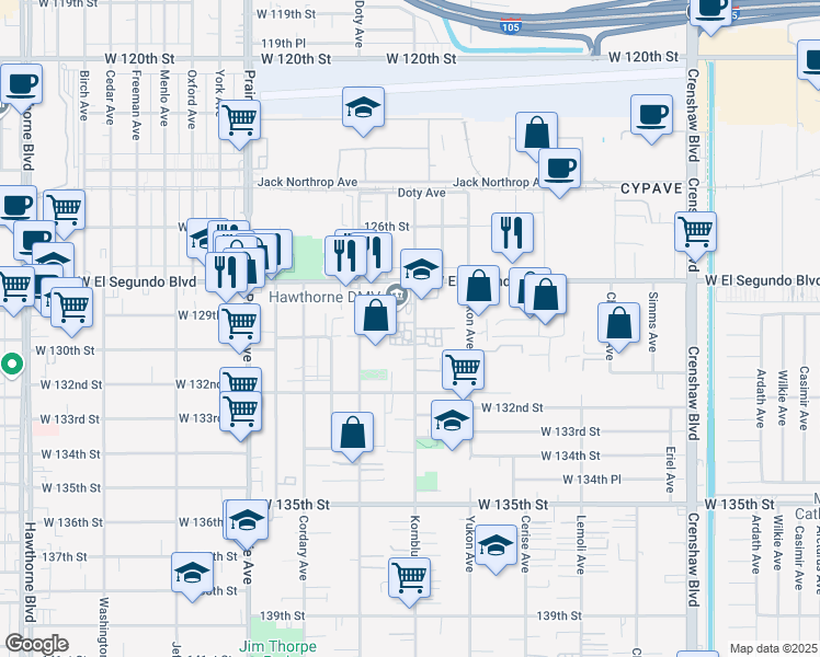 map of restaurants, bars, coffee shops, grocery stores, and more near 12923 Kornblum Avenue in Hawthorne