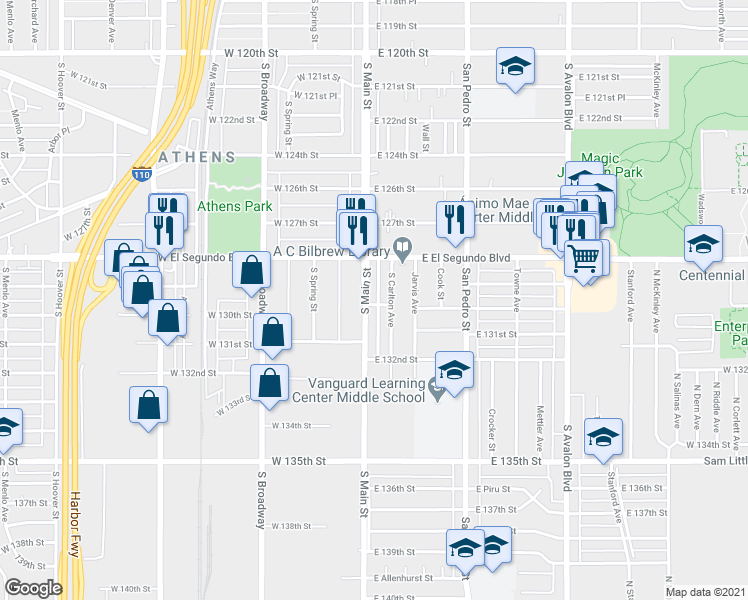map of restaurants, bars, coffee shops, grocery stores, and more near 12920 South Main Street in Los Angeles