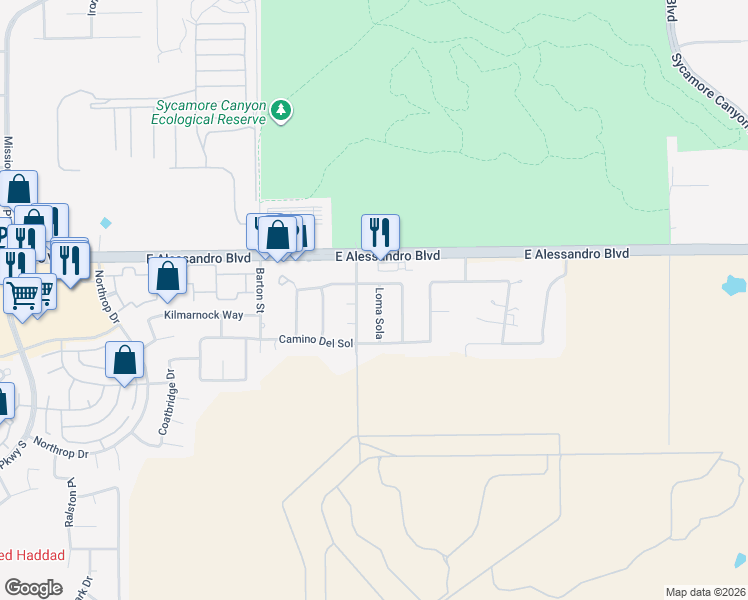 map of restaurants, bars, coffee shops, grocery stores, and more near 14123 Loma Sola in Riverside