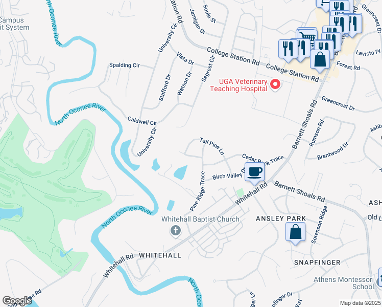 map of restaurants, bars, coffee shops, grocery stores, and more near 130 Pine bark Lane in Athens