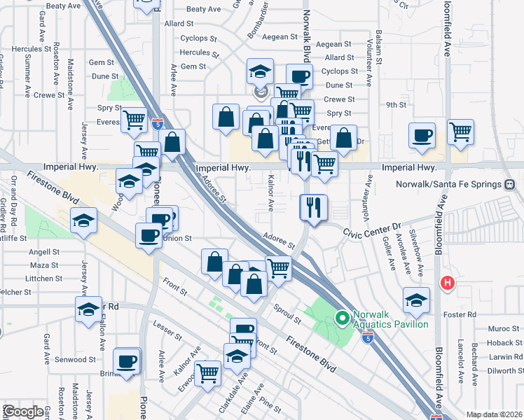 map of restaurants, bars, coffee shops, grocery stores, and more near 12721 Kalnor Avenue in Norwalk
