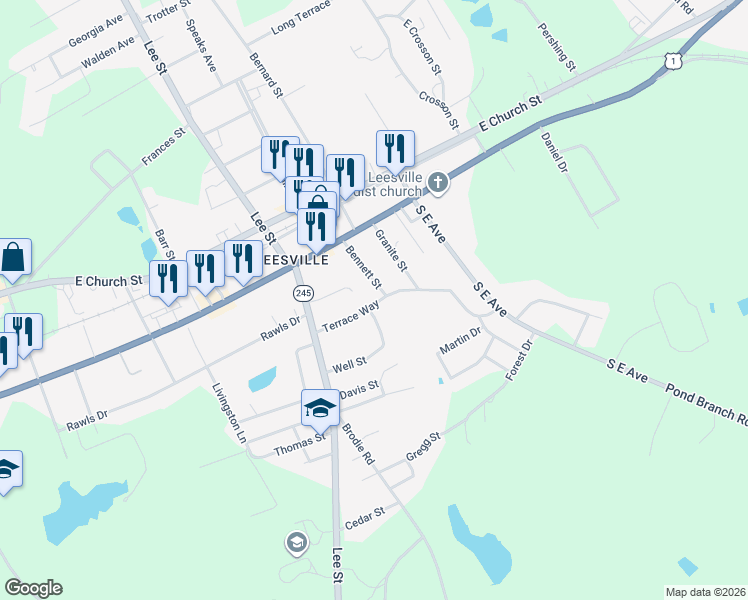 map of restaurants, bars, coffee shops, grocery stores, and more near 133 Bennett Street in Batesburg-Leesville