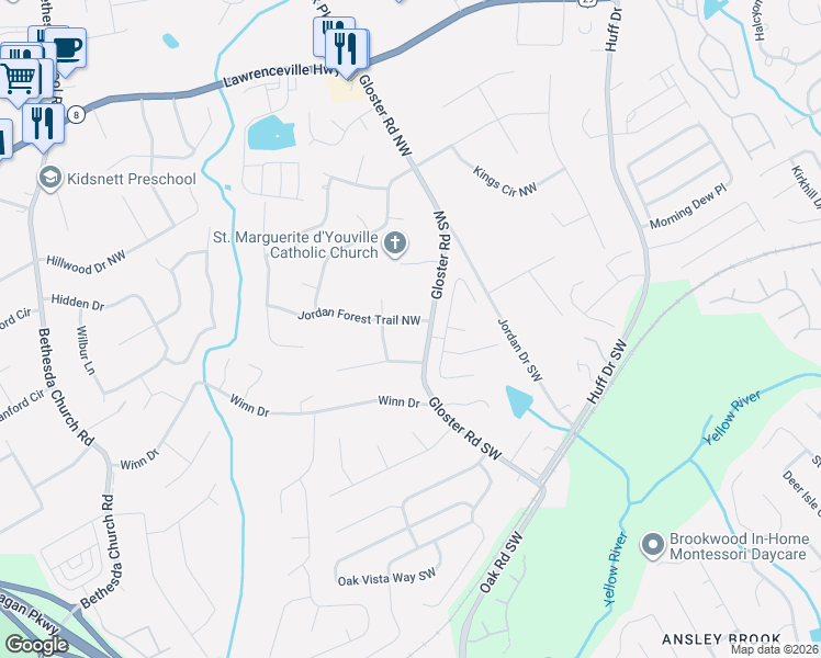 map of restaurants, bars, coffee shops, grocery stores, and more near 2782 Jordan Forest Trail Northwest in Lawrenceville