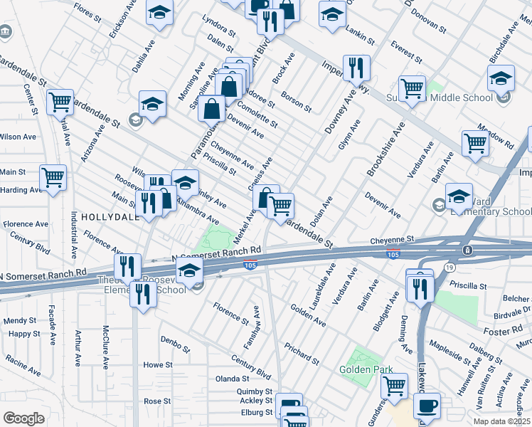 map of restaurants, bars, coffee shops, grocery stores, and more near 8244 Gardendale Street in Paramount