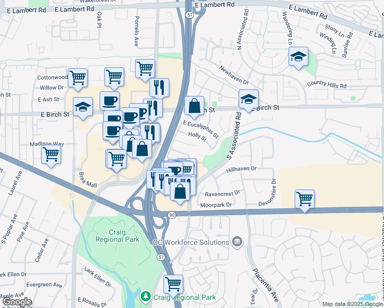 map of restaurants, bars, coffee shops, grocery stores, and more near 318 South Plum Avenue in Brea