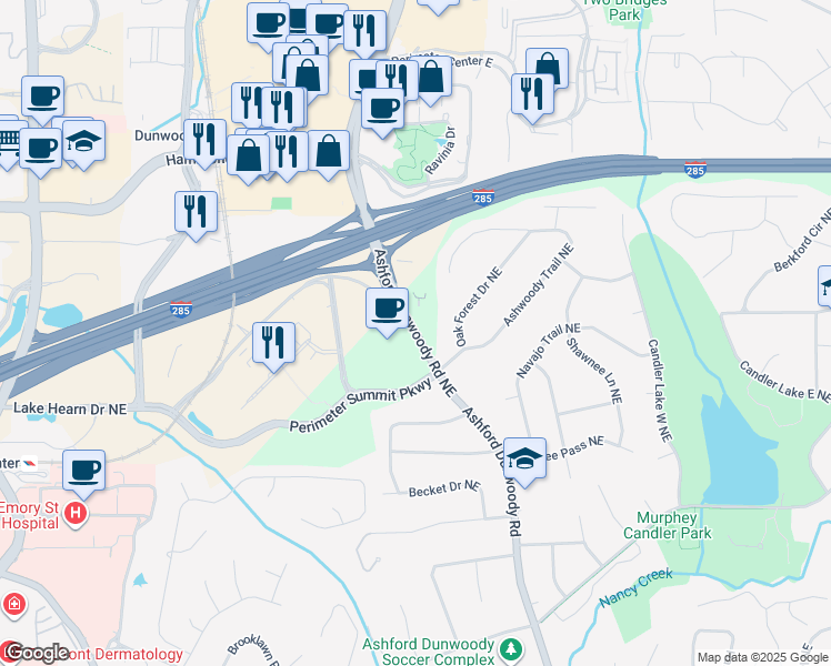 map of restaurants, bars, coffee shops, grocery stores, and more near 4150 Ashford Dunwoody Road Northeast in Atlanta