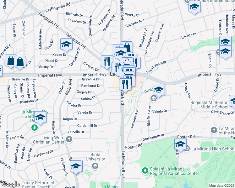 map of restaurants, bars, coffee shops, grocery stores, and more near 14940 Gagely Drive in La Mirada
