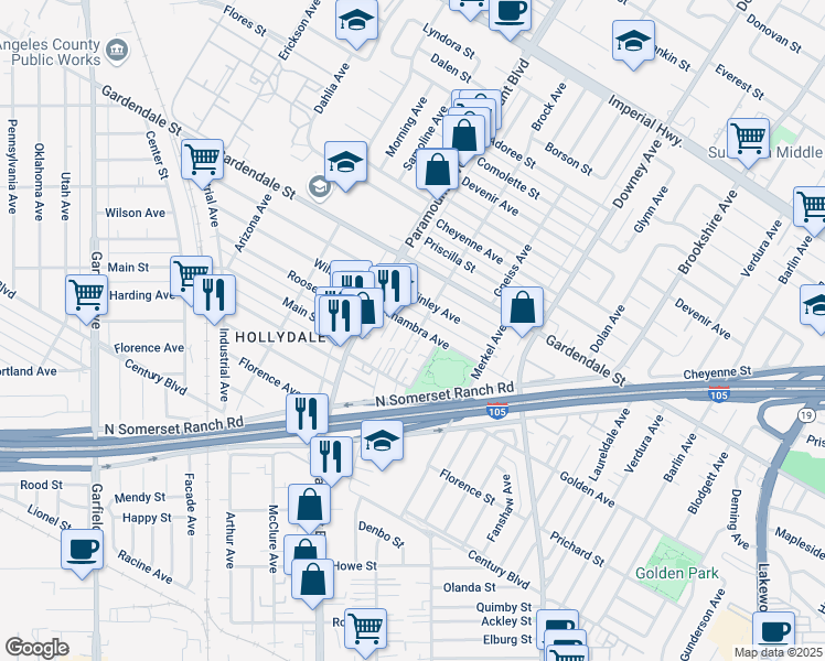 map of restaurants, bars, coffee shops, grocery stores, and more near 8052 Alhambra Avenue in Paramount