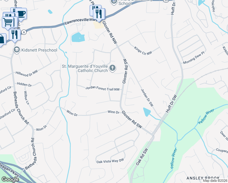 map of restaurants, bars, coffee shops, grocery stores, and more near 2792 Jordan Forest Trail Northwest in Lawrenceville