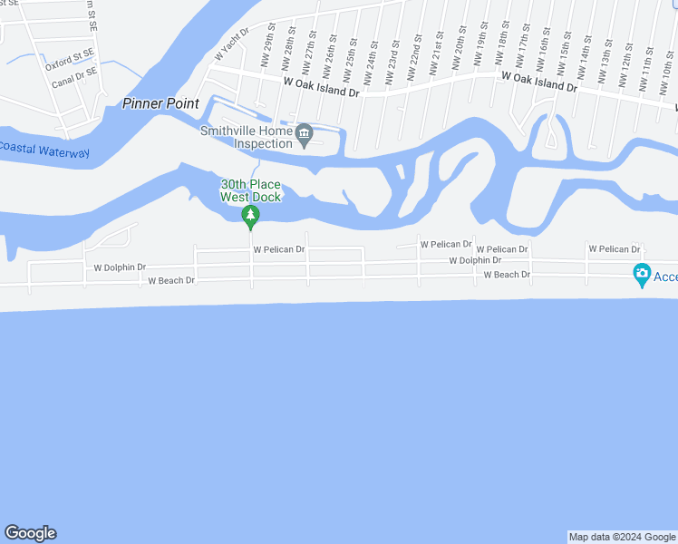 map of restaurants, bars, coffee shops, grocery stores, and more near 2514 West Beach Drive in Oak Island