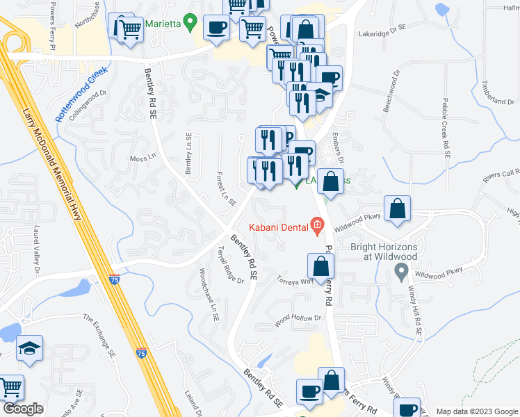 map of restaurants, bars, coffee shops, grocery stores, and more near 907 Wynnes Ridge Circle in Marietta