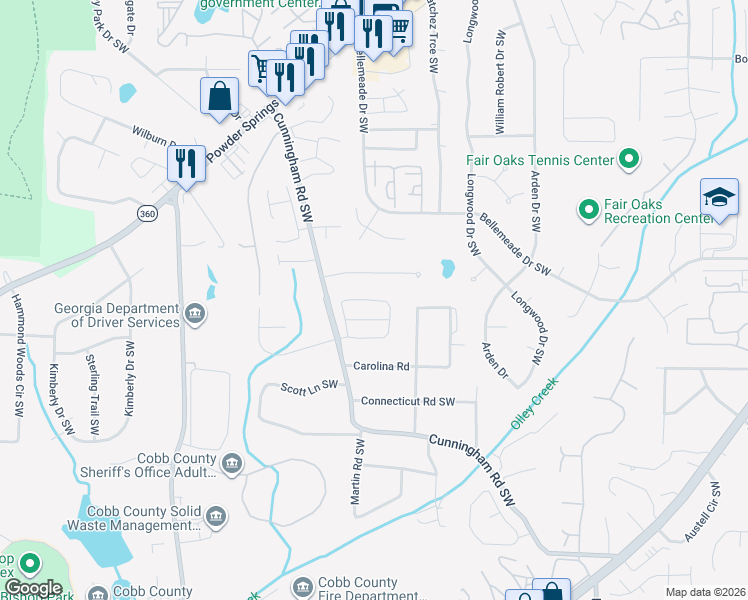map of restaurants, bars, coffee shops, grocery stores, and more near 628 Crosswinds Cir in Marietta