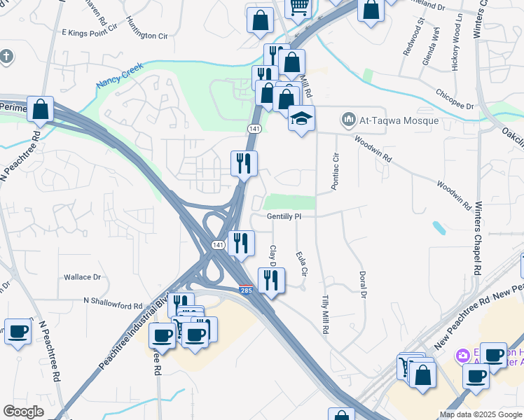 map of restaurants, bars, coffee shops, grocery stores, and more near 2548 Gentilly Place in Atlanta