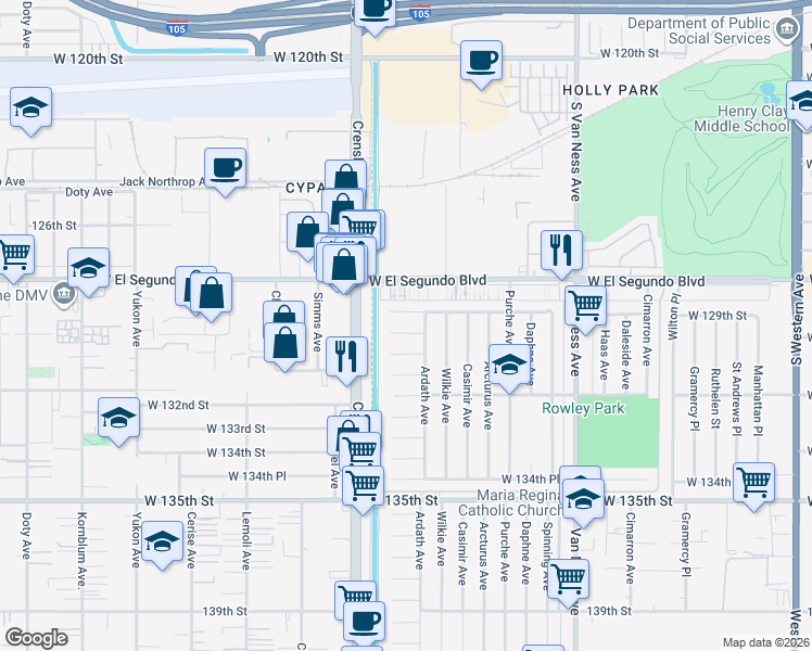 map of restaurants, bars, coffee shops, grocery stores, and more near 2915 129th Place in Gardena