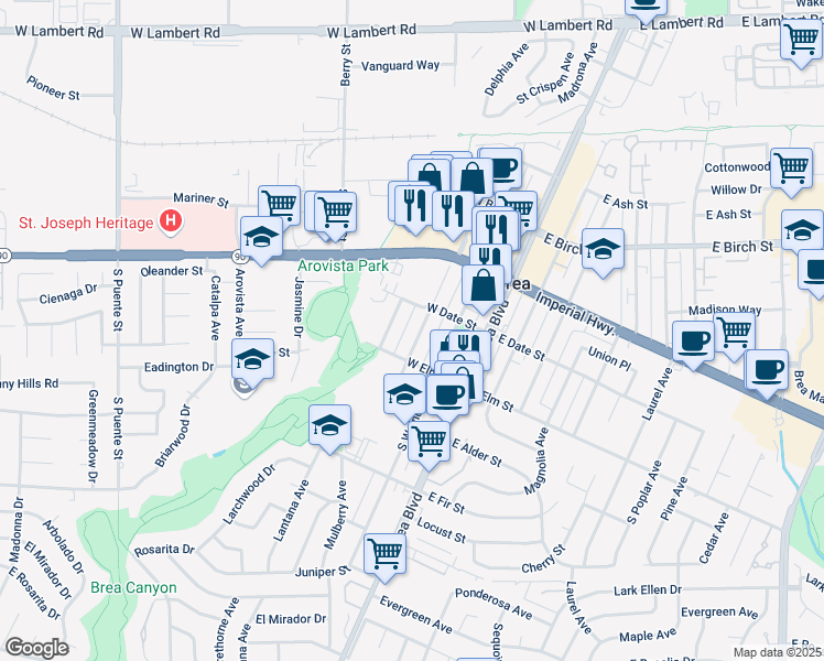 map of restaurants, bars, coffee shops, grocery stores, and more near 420 Sievers Avenue in Brea