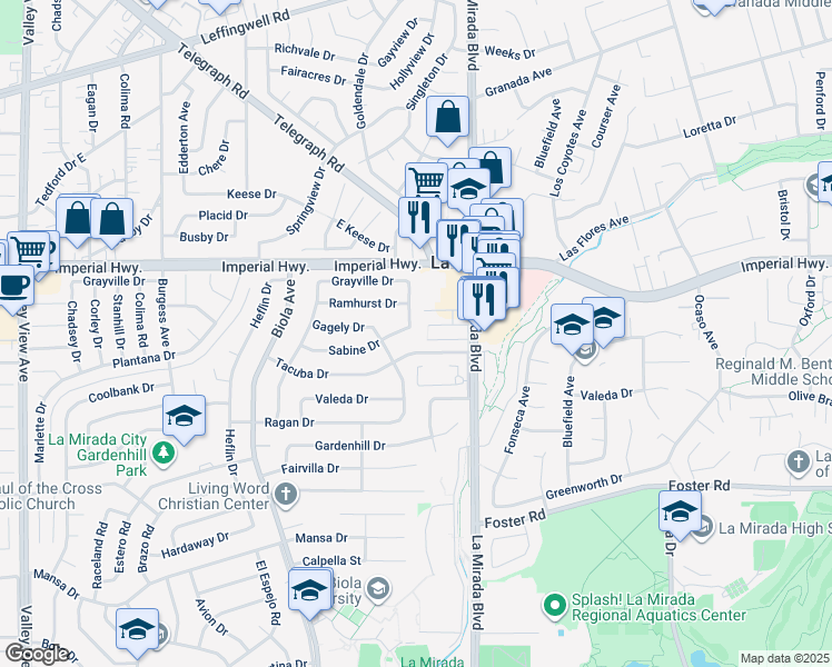 map of restaurants, bars, coffee shops, grocery stores, and more near 12732 Tanfield Drive in La Mirada