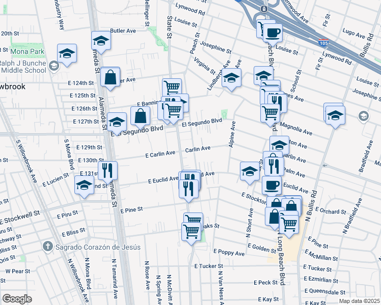 map of restaurants, bars, coffee shops, grocery stores, and more near 3118 Carlin Avenue in Lynwood