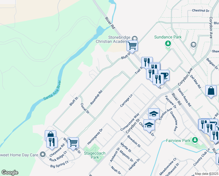 map of restaurants, bars, coffee shops, grocery stores, and more near 4931 Roundup Road in Norco