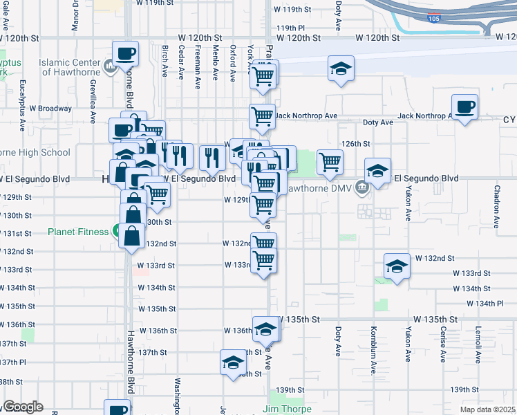 map of restaurants, bars, coffee shops, grocery stores, and more near 12921 Prairie Avenue in Hawthorne