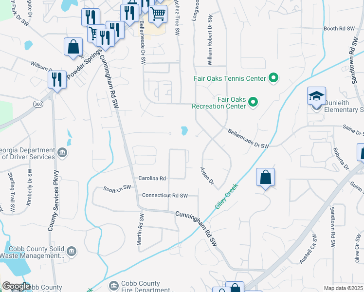 map of restaurants, bars, coffee shops, grocery stores, and more near 1612 Delaware Avenue Southwest in Marietta