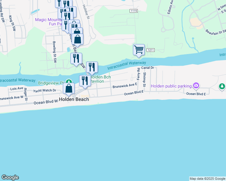 map of restaurants, bars, coffee shops, grocery stores, and more near 106 Halstead St in Holden Beach