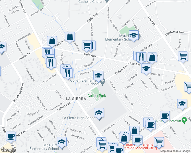 map of restaurants, bars, coffee shops, grocery stores, and more near 4397 Drury Court in Riverside