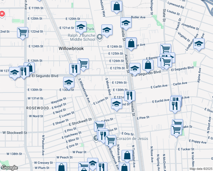 map of restaurants, bars, coffee shops, grocery stores, and more near 12909 South Mona Boulevard in Compton