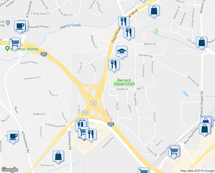 map of restaurants, bars, coffee shops, grocery stores, and more near 2559 Avery Park Circle in Doraville