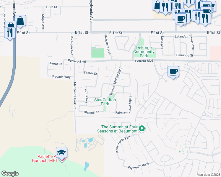 map of restaurants, bars, coffee shops, grocery stores, and more near 152 Paisley Court in Beaumont