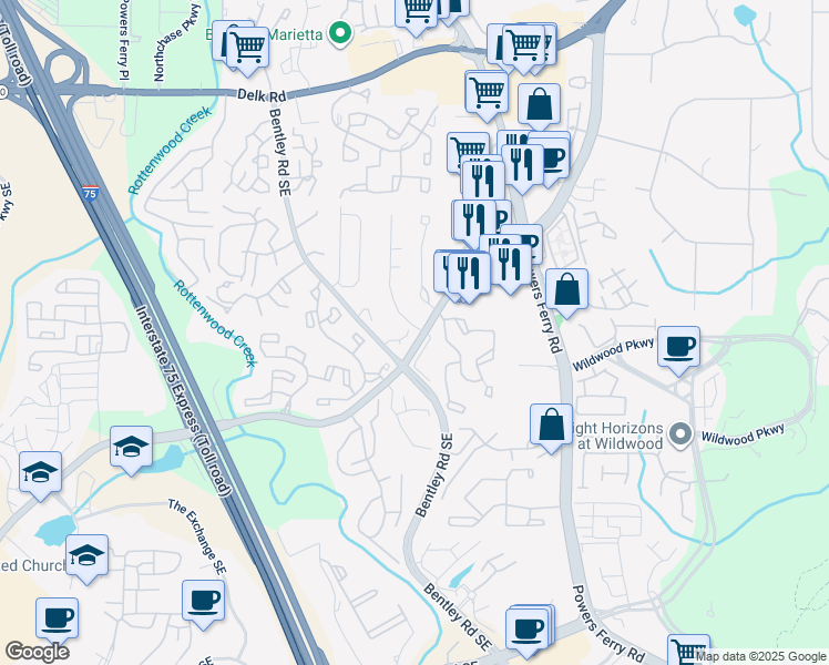 map of restaurants, bars, coffee shops, grocery stores, and more near 2784 Terrell Trace Drive Southeast in Marietta
