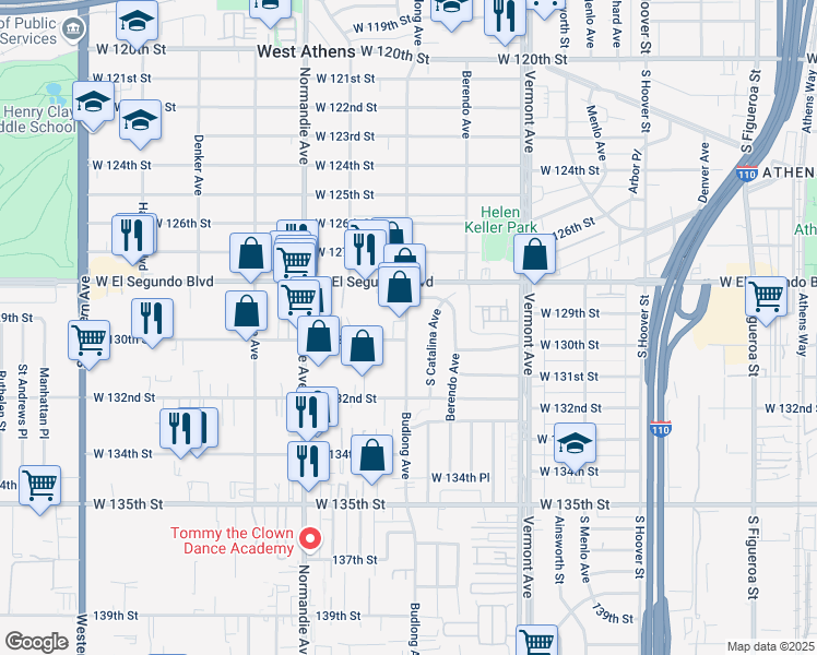 map of restaurants, bars, coffee shops, grocery stores, and more near 12932 Budlong Avenue in Gardena