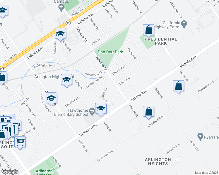 map of restaurants, bars, coffee shops, grocery stores, and more near 2865 Tropicana Drive in Riverside